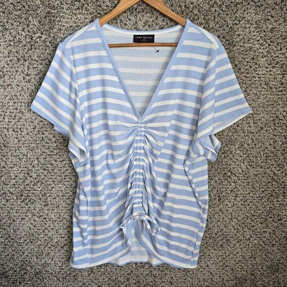 Lane Bryant Top Womens Plus 26/28 Blue Striped Ruched Short Sleeve Casual Ladies - Picture 1 of 7